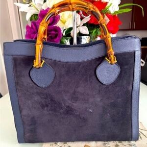 GUCCI Blue Suede Diana Handbag with Bamboo Handles